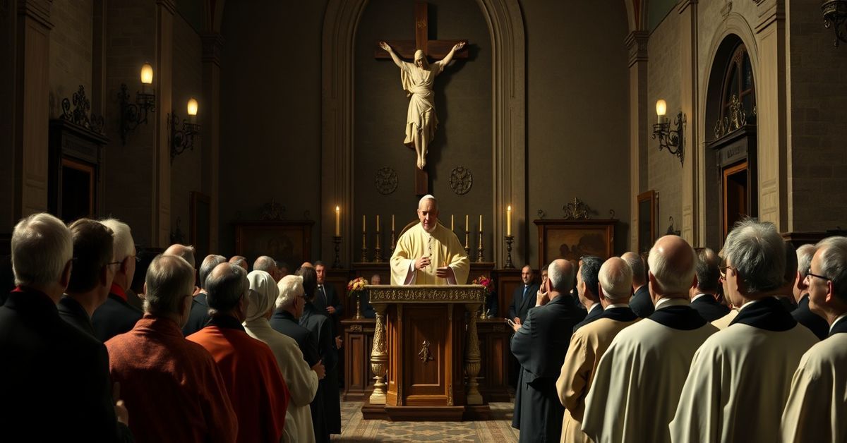 A Catholic parish in Rome with a modernist "Pope" addressing a congregation about social work instead of sacramental grace.