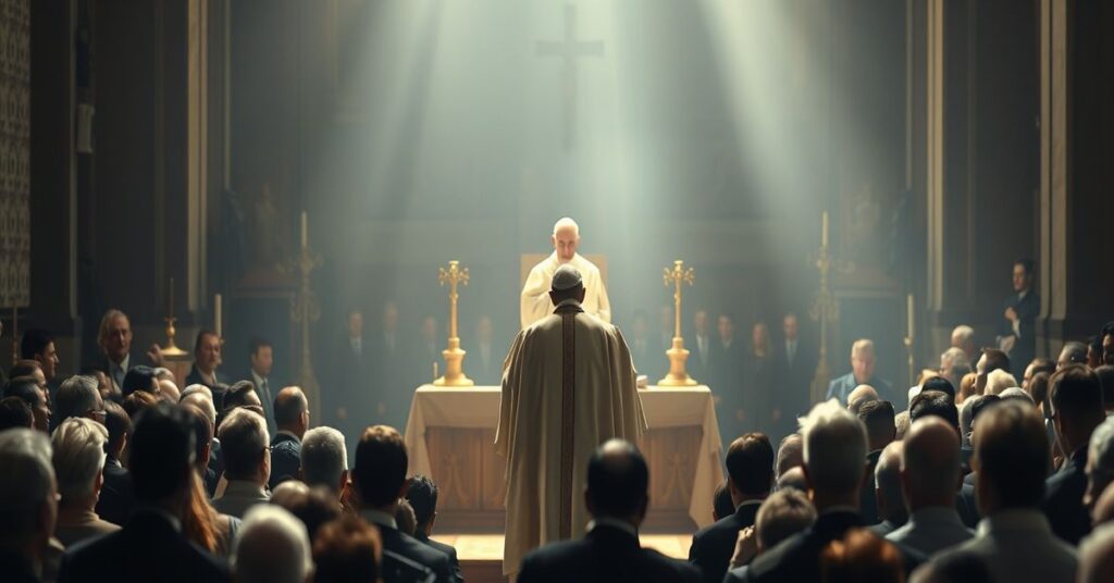 A solemn scene depicting a modernist "Pope" addressing a crowd in a vague, humanistic setting devoid of sacramental grace and dogmatic truth.