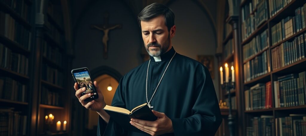 Catholic priest in traditional cassock reviewing modernist biblical podcast on smartphone in historic seminary library