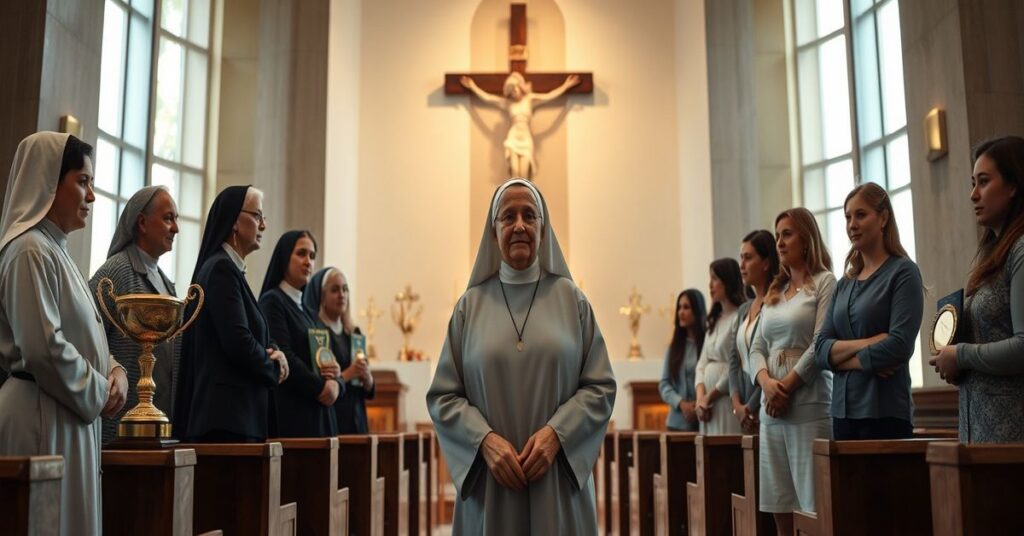 Mother Agnes Mary Donovan receiving the Fiat Award from the GIVEN Institute in a neo-church setting, symbolizing the contrast between traditional Catholicism and post-conciliar naturalism.