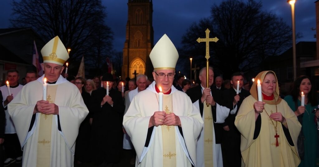 Solemn Catholic procession in Derry, Northern Ireland, criticizing modernist apostasy and false devotion.