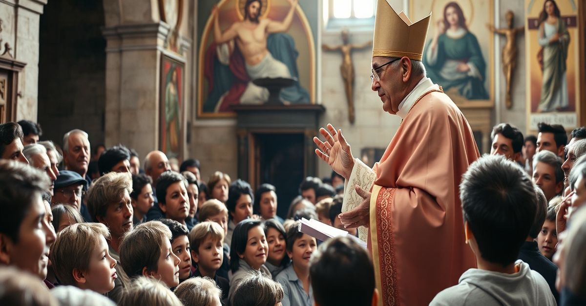 The Modernist Reduction of Charity Without Christ Antipope Leo XIV speaking to a crowd in a decaying parish church, symbolizing the Modernist reduction of the Church to social activism.