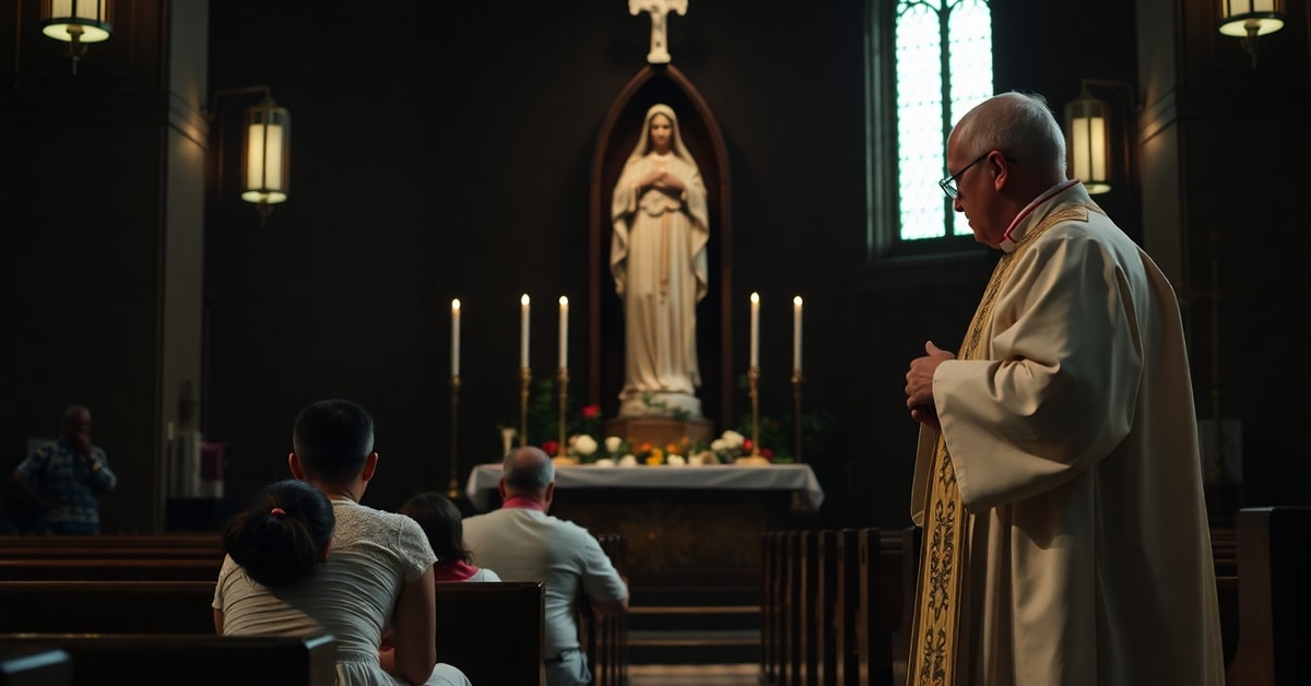 Catholic priest celebrating Mass for victims of school shooting in the Philippines, Archbishop John Du in reverent prayer, Filipino family grieving before Virgin Mary statue.