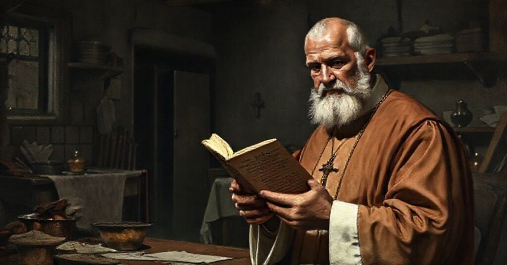 A dimly lit kitchen with Leo XIV holding Brother Lawrence's book, contrasting mundane work with divine worship.