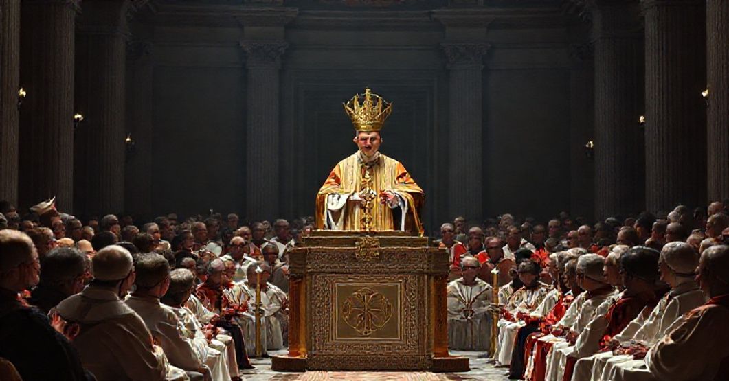 Usurper Leo XIV addressing a modernist gathering in Rome, promoting syncretism and naturalistic humanism under the guise of ecclesial renewal.
