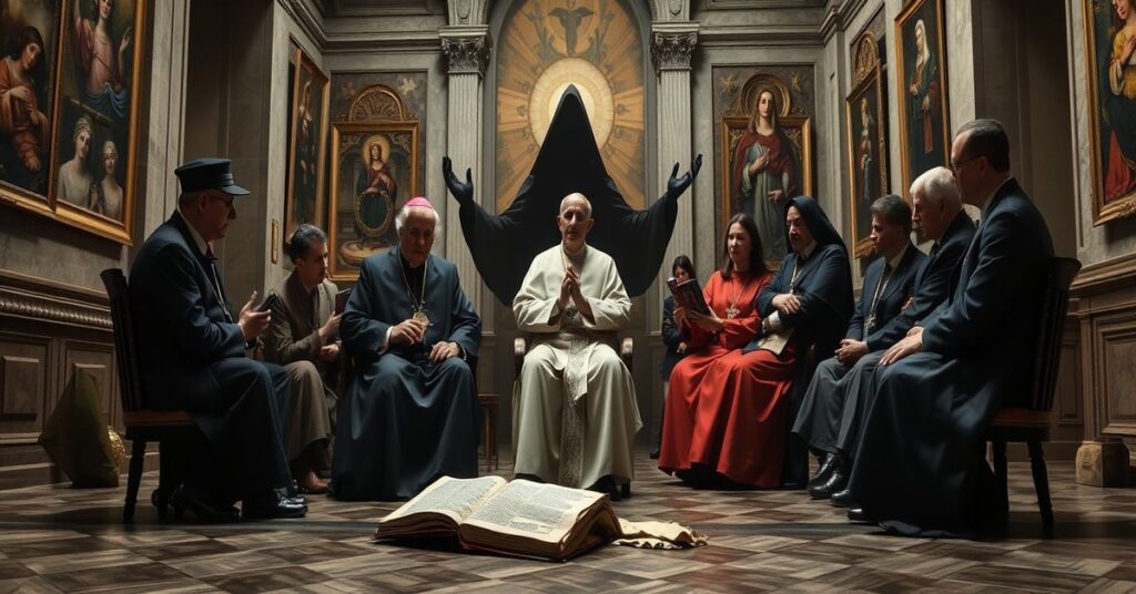Antipope Leo XIV and modernists in a Vatican hall overlooking heretical Marian theology.