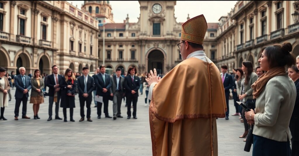 Usurper Robert Prevost addresses volunteers in Madrid during his so-called 'Apostolic Journey to Spain,' promoting a naturalistic vision of charity without mentioning supernatural grace or conversion.