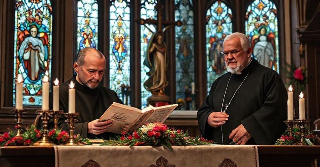 Sedevacantist priest observing a monk reading a modernist reflection on Gaudete Sunday in a traditional Catholic church setting