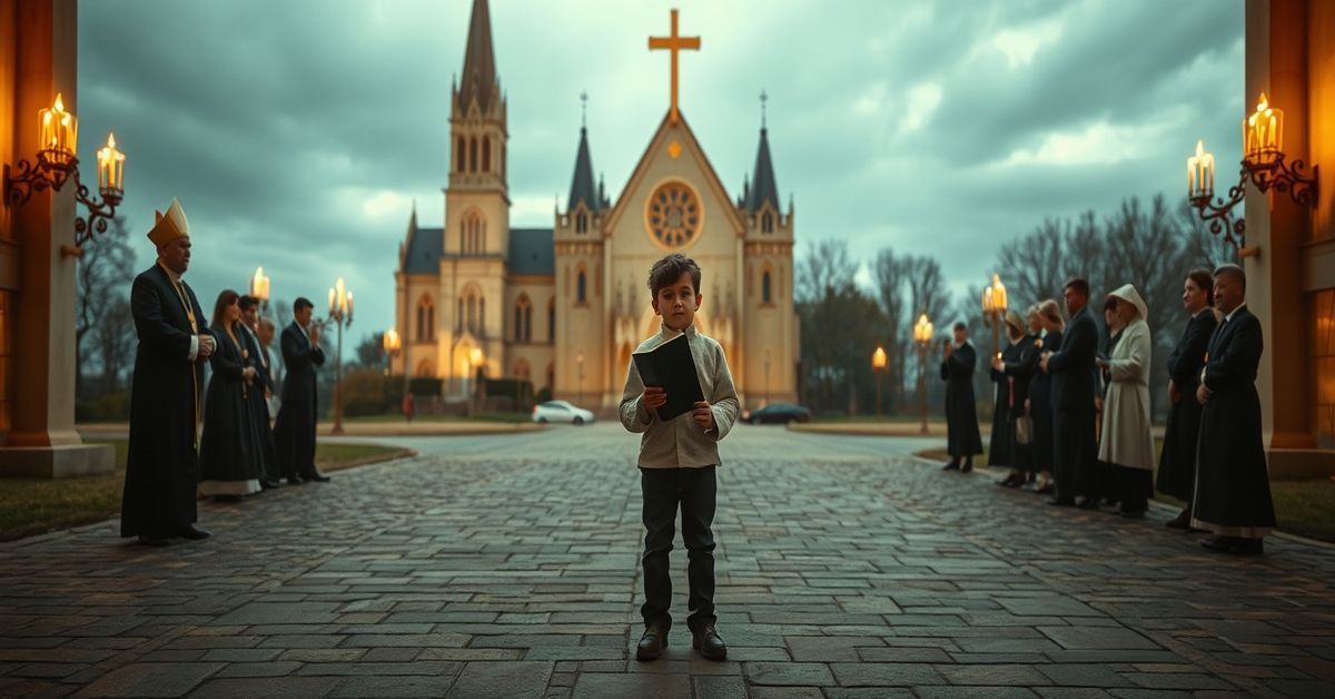 A young person torn between faith and modernist science at a crossroads, with Conciliar figures promoting false harmony.