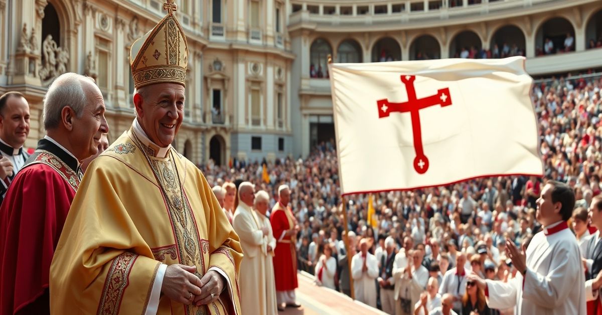 Prince Albert II of Monaco welcoming an antipope during a naturalistic spectacle without the Cross, emphasizing human-centered diplomacy over Christ's Kingship.