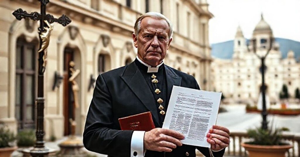 Prince Albert II of Monaco vetoing an abortion bill in a solemn setting with Catholic symbols.