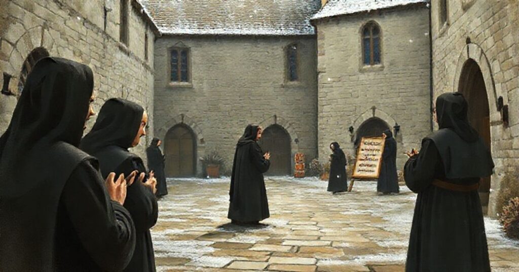 Traditional Catholic monastery courtyard during Advent, contrasting prayerful monks with commercial goods like bourbon fruitcakes and hand-painted chinaware.