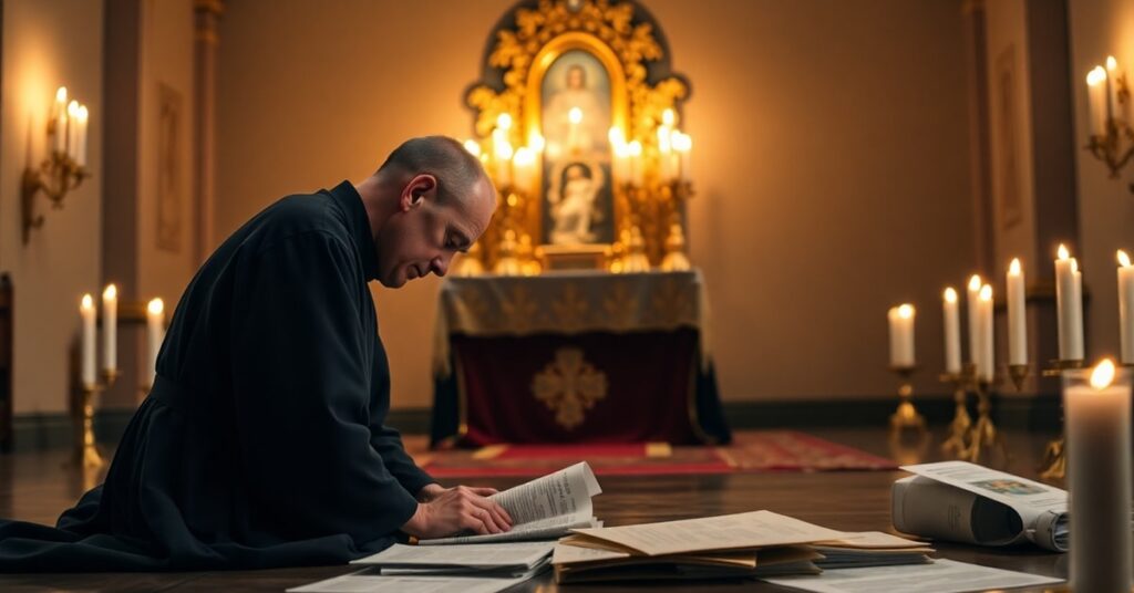 Traditional Catholic monk in prayer before the Blessed Sacrament in a monastery chapel, representing the contrast between authentic Catholic devotion and modernist betrayal