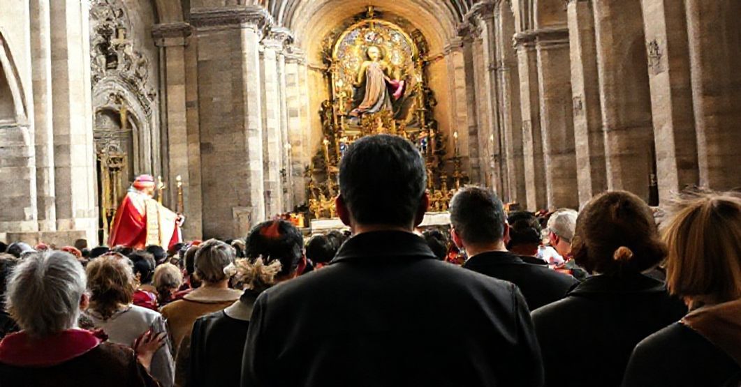 Catholic pilgrims pray at the Shrine of Our Lady of Montligeon amidst doctrinal apostasy.