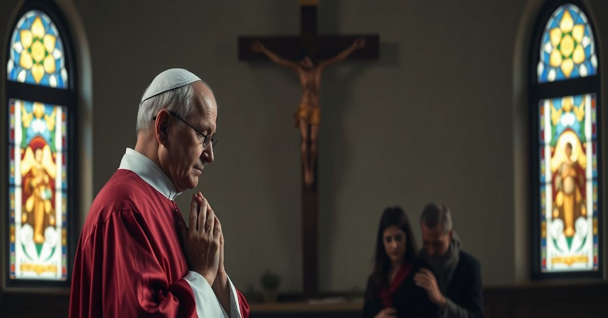 A Catholic priest praying before a crucifix with a grieving family in the background, symbolizing the moral tragedy of Spain's euthanasia law.