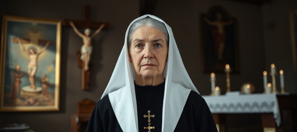 A solemn portrait of Mother Angelica in Poor Clare habit before a chapel symbolizing the doctrinal emptiness of conciliar spirituality.
