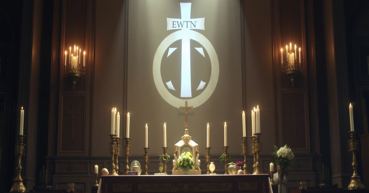 A traditional Catholic altar with candles and religious artifacts, symbolizing the pre-1958 faith and the loss of true Catholic identity due to apostasy.
