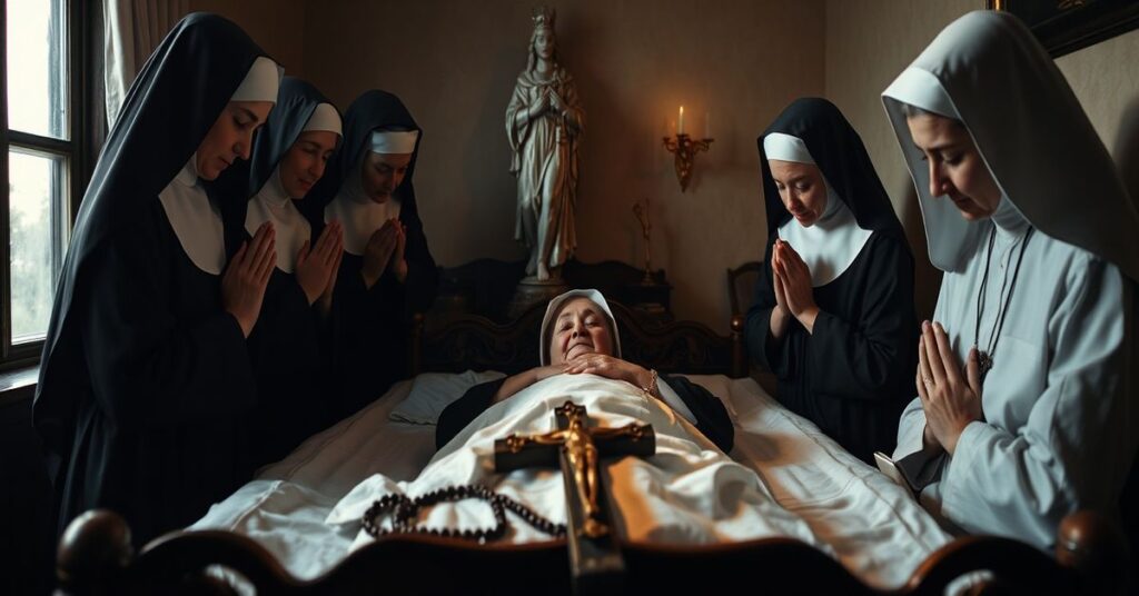 Mother Angelica on her deathbed surrounded by nuns in a pre-1958 Catholic convent setting, with a statue of Christ the King in the background.