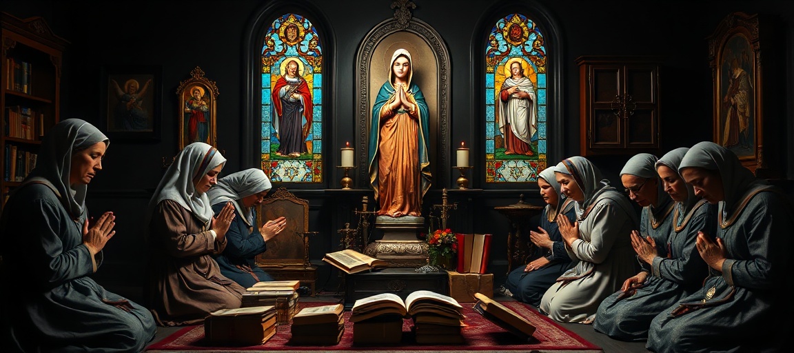 Traditional Catholic mothers praying in a dimly lit chapel with Dominican icons and books, expressing reverence and concern.