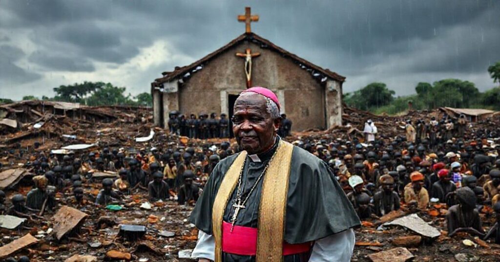 Archbishop Inacio Saure in a rain-soaked Mozambique displacement camp, surrounded by desperate people and jihadists, with a ruined church in the background.