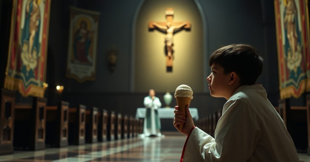 Young Catholic kneeling before a conciliar priest offering ice cream as a substitute for true spiritual fatherhood in a chapel setting