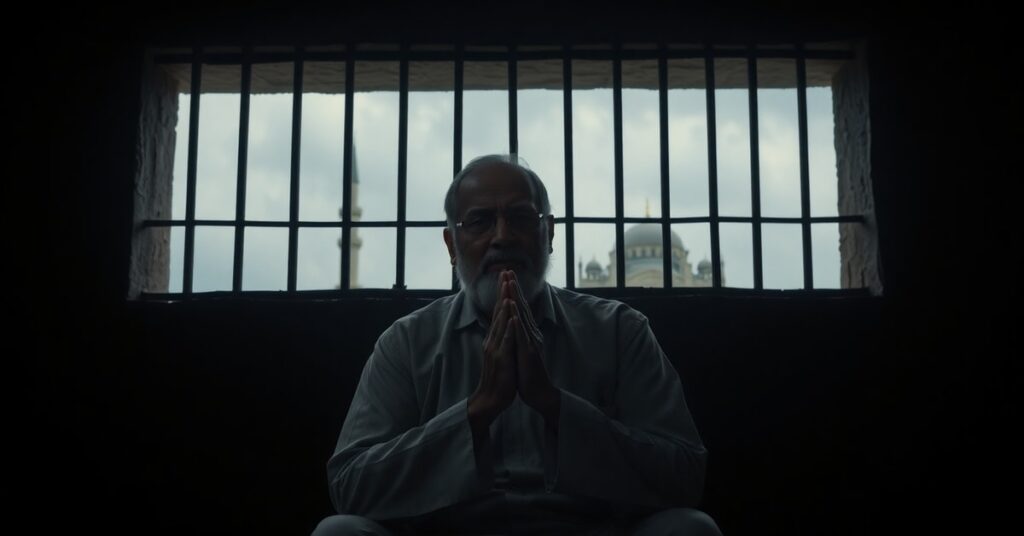 Blind Catholic man Nadeem Masih praying in a Pakistani prison cell under blasphemy charges