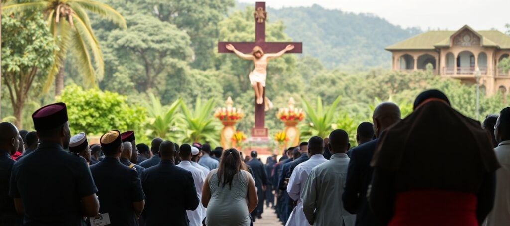 Catholic pilgrims praying at the Namugongo Martyrs Shrine in Uganda, honoring the martyrs with deep reverence and devotion.