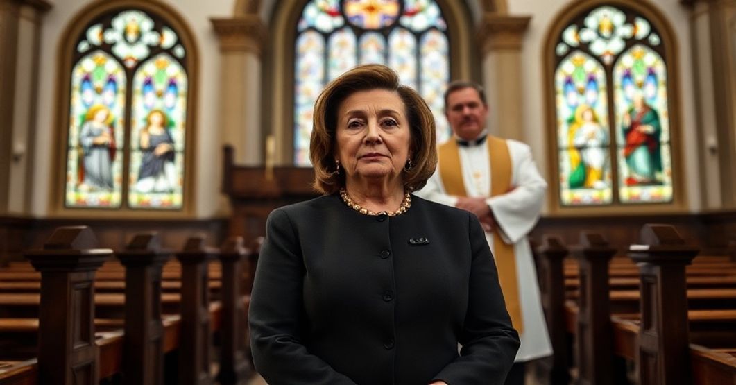 Solemn portrait of Nancy Pelosi in a Catholic church facing a communion rail with a disapproving bishop in the background.