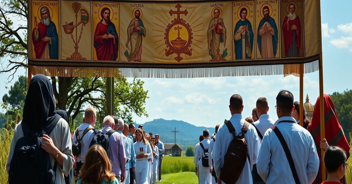 A solemn Catholic pilgrimage scene with young adults carrying the Eucharist under the theme 'One Nation Under God', highlighting the naturalism and Modernist errors of the conciliar sect.