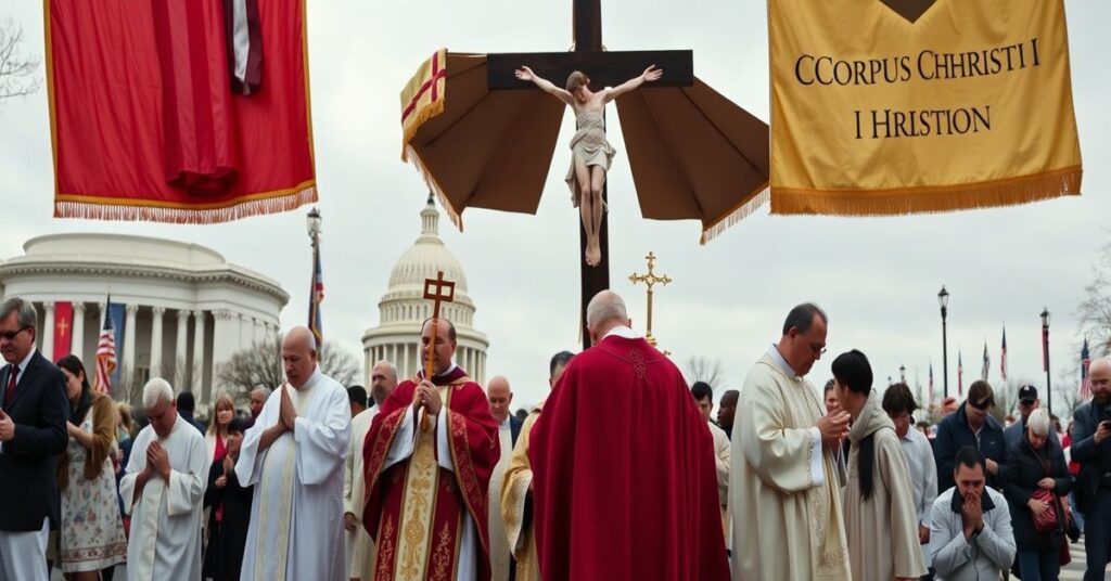 A reverent Catholic procession carrying the Blessed Sacrament through American landmarks.