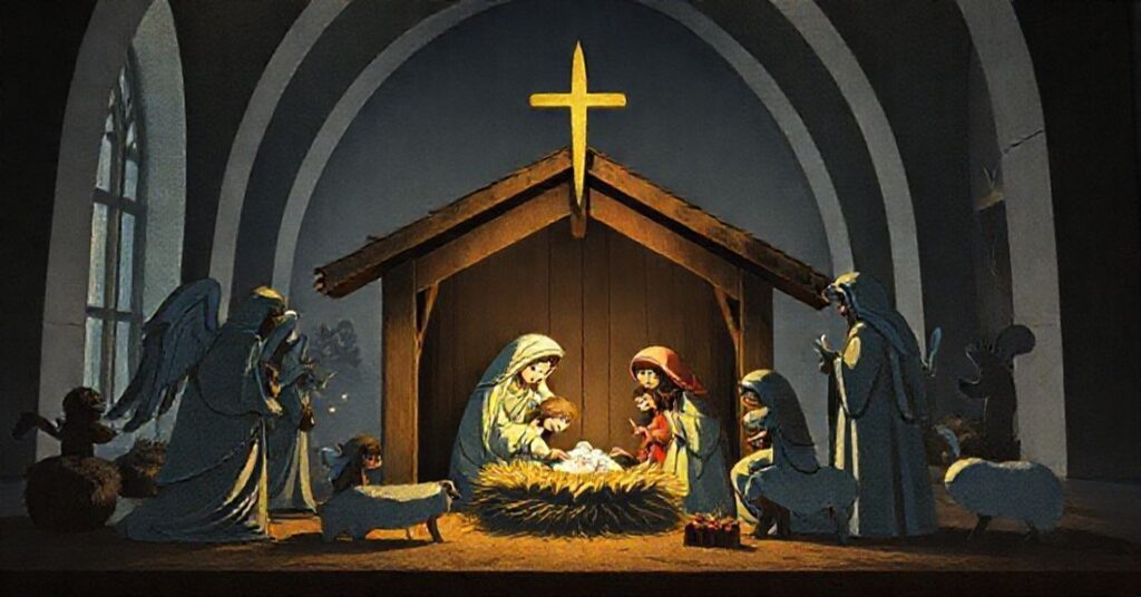 Traditional Catholic Nativity scene displayed in a somber conciliar chapel with children's artwork.