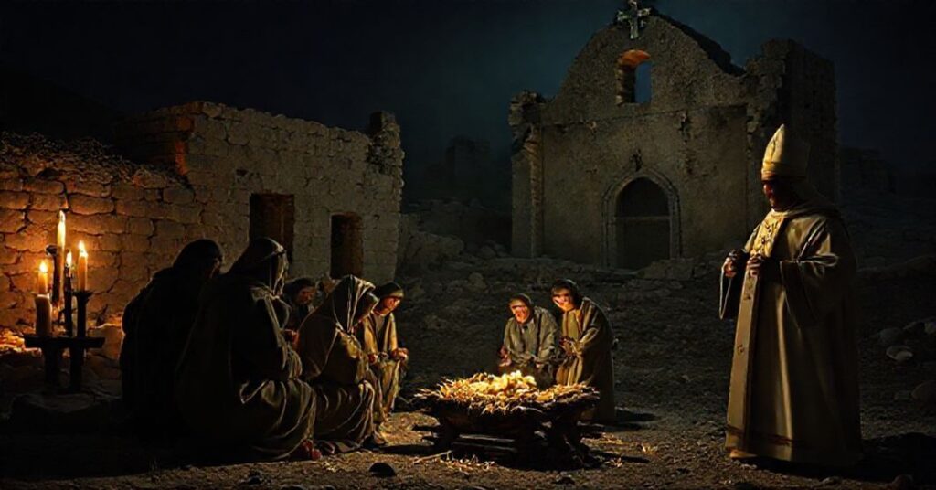 Solemn Nativity scene in Taybeh, West Bank, with devout Catholics at a Latin Mass altar, contrasting with ruins of a Melkite church and hollow solidarity from modernist clergy.