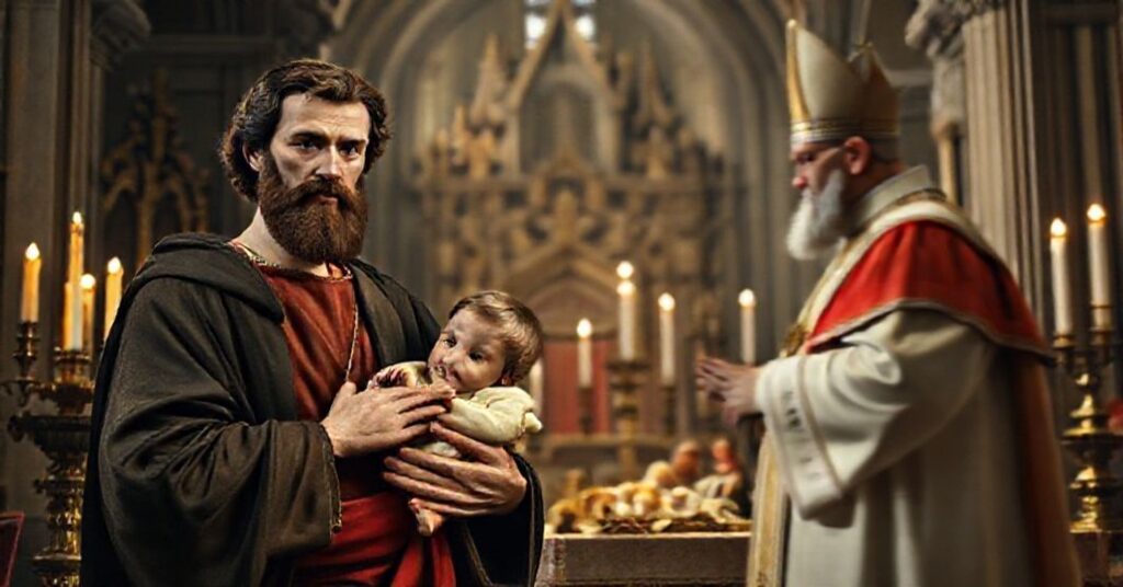 Saint Joseph holding the Christ Child in solemn reverence before a traditional altar, contrasted with the modernist distortion by antipope Robert Prevost (Leo XIV).