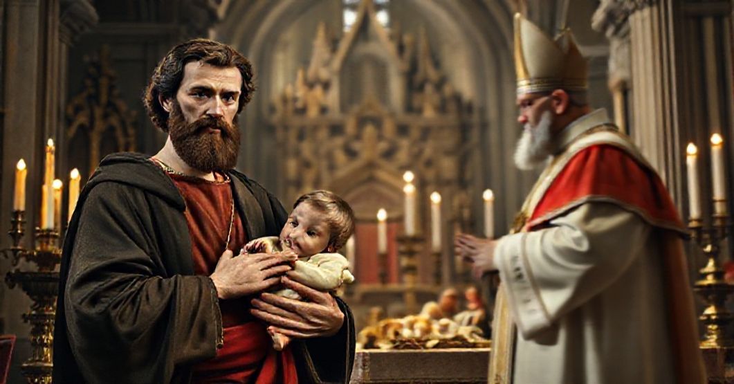 Saint Joseph holding the Christ Child in solemn reverence before a traditional altar, contrasted with the modernist distortion by antipope Robert Prevost (Leo XIV).