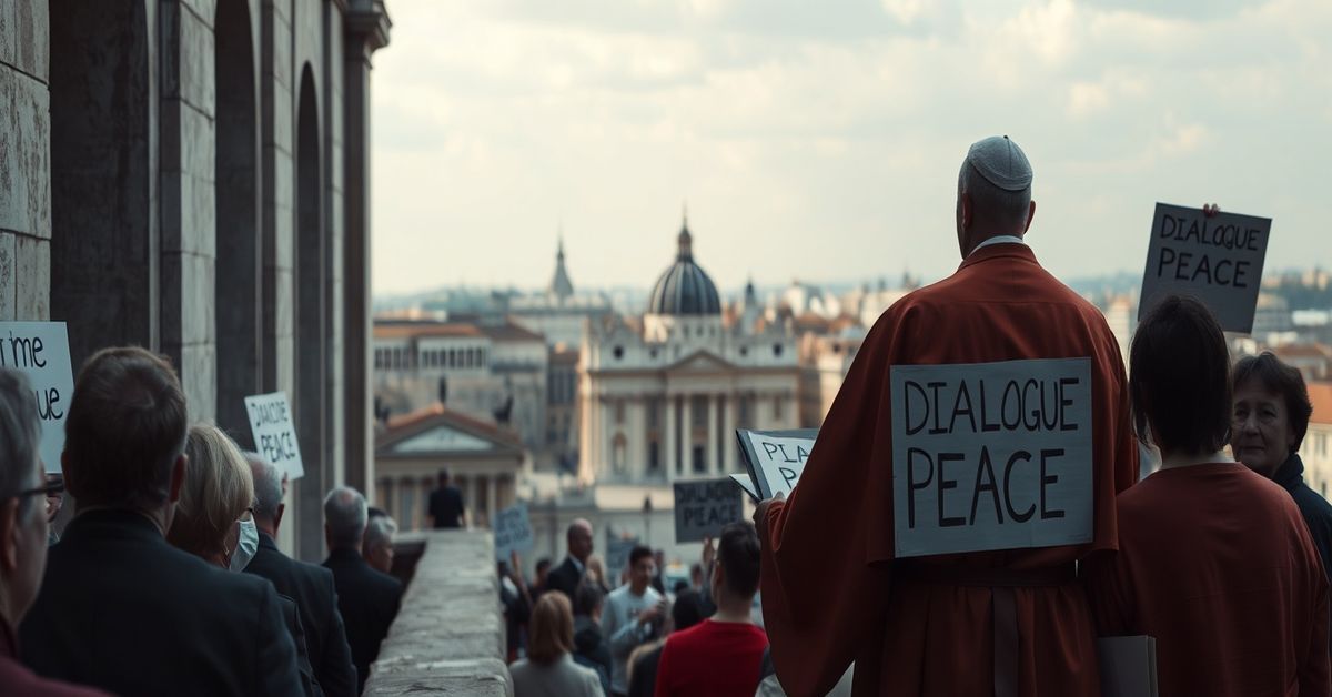 A modern Vatican setting with an individual addressing a crowd on naturalistic themes of dialogue and peace, lacking any traditional Catholic symbols or supernatural elements.