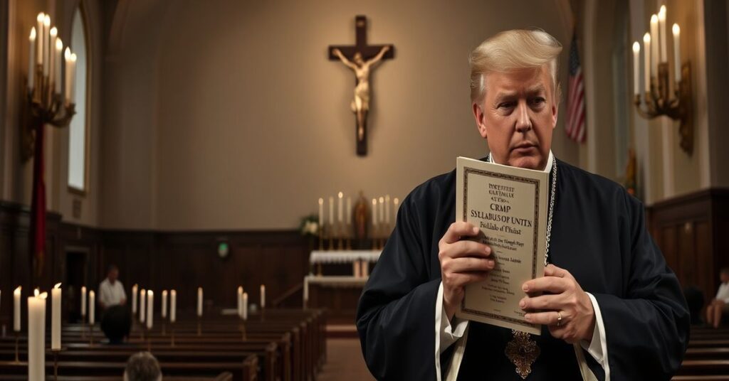 A bishop holding Pope Pius IX's Syllabus of Errors in a traditional Catholic church, contrasting with Donald Trump's State of the Union address in 2026.