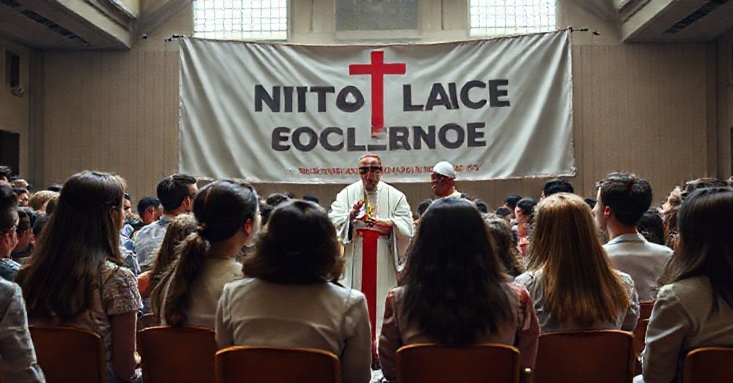 Solemn yet stark depiction of a youth conference with an antipope, highlighting the absence of traditional Catholic values and sacraments.