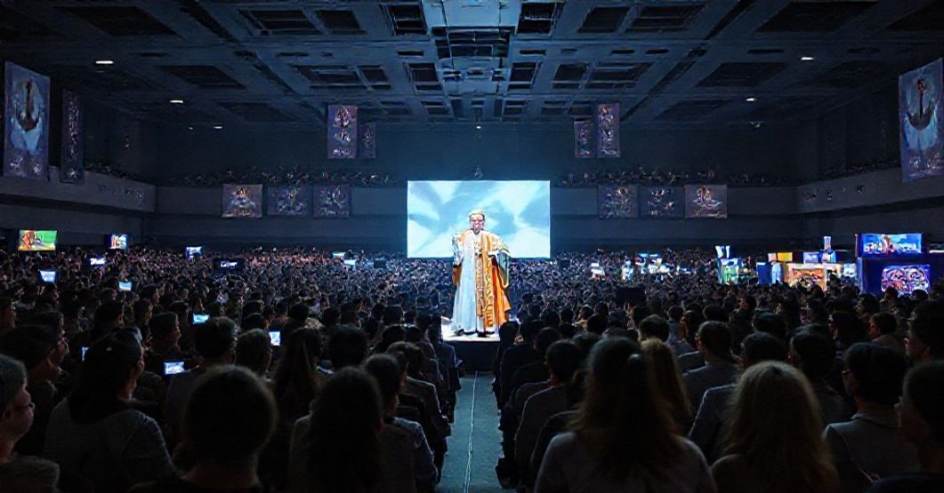 A digital hologram of antipope Robert Prevost ('Leo XIV') at NCYC 2025 in Indianapolis, surrounded by confused American teenagers in a modernist convention center.