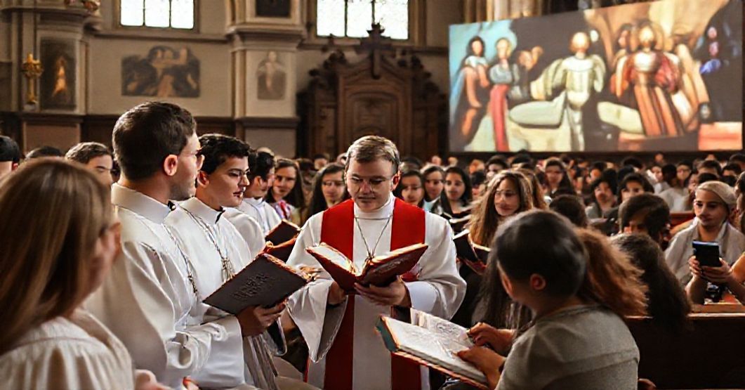 Traditional Catholic catechesis contrasted with modernist NCYC activities featuring antipope Leo XIV's digital presence and sacramental relativism.