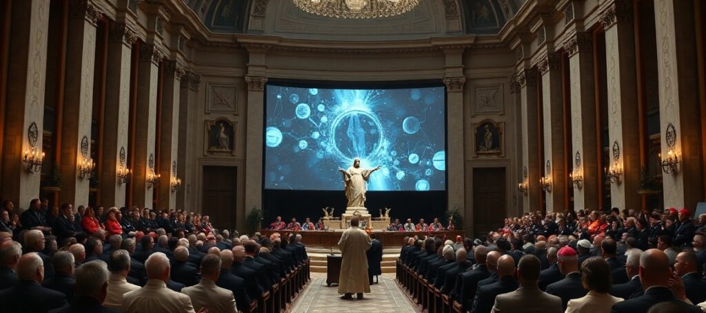 A solemn presentation of an AI-themed encyclical in the Vatican's Synod Hall, featuring modernist clerics and technologists, symbolizing the spiritual decay of the Neo-Church.