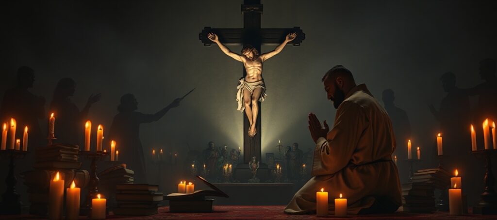 A traditional Catholic priest kneeling in prayer before a crucifix, surrounded by sacred texts and candles, with shadowy tech devices in the background.