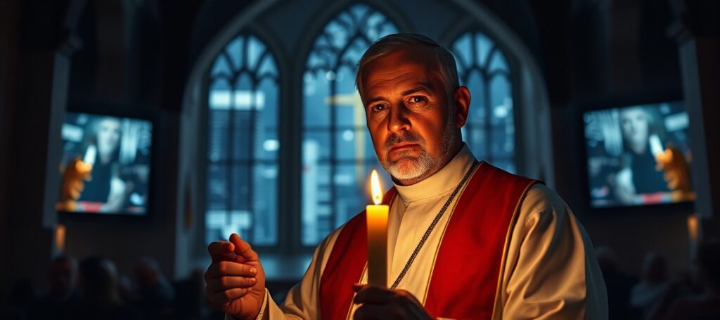 A traditional Catholic priest in a dimly lit church holding a candle, contrasting with a modern cityscape displaying AI-generated content.