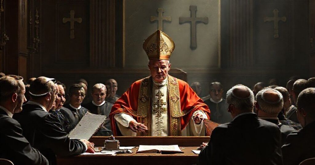 A solemn tribunal scene depicting the Neo-Church's false annulment proceedings with an antipope addressing judges, symbolizing theological betrayal.