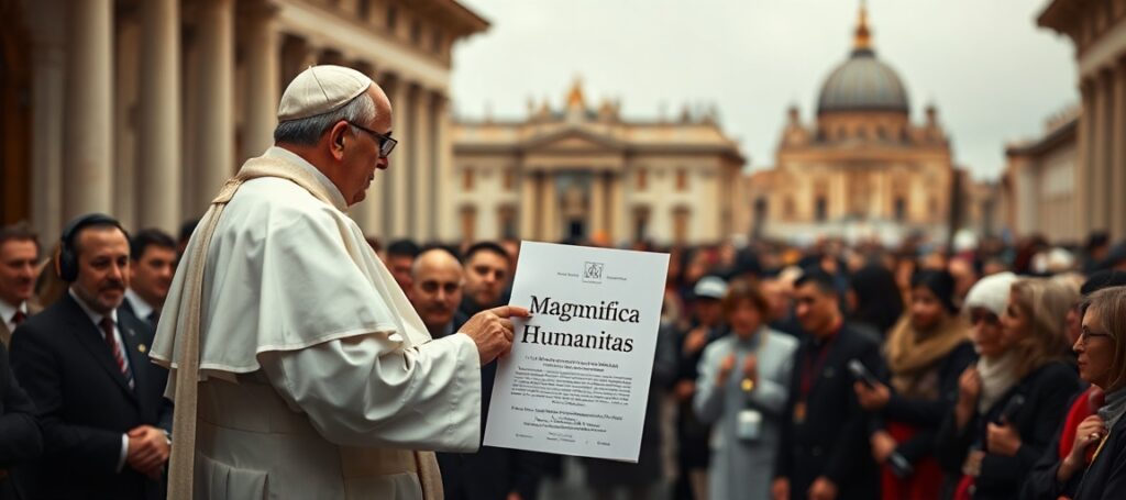 A somber depiction of the neo-Church's anthropocentric apostasy, showing a modernist 'pope' promoting humanistic values without Christ the King.