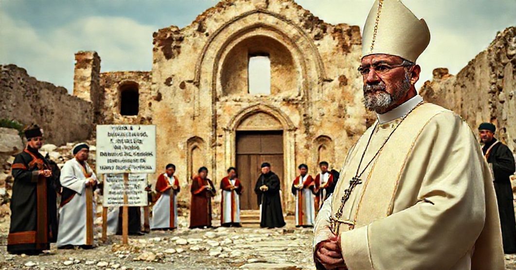 Traditional Catholic priest stands solemnly before a ruined church in Syria, symbolizing the loss of true faith amid false ecumenism and apostasy.