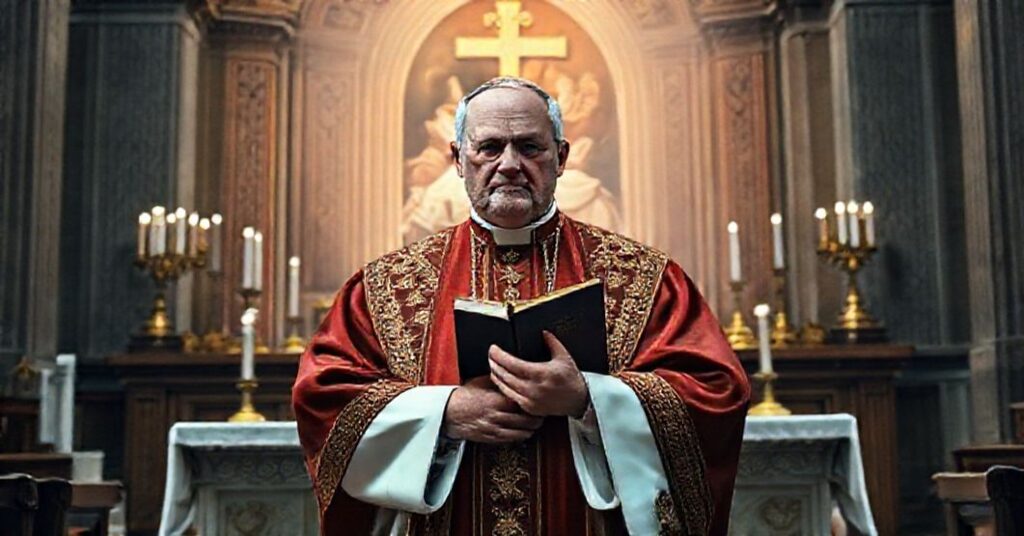 A traditional Catholic priest in solemn prayer before an altar, contrasting with an image of Pope Leo XIV in a modernist Vatican office.