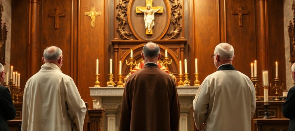 A solemn image depicting a beatification ceremony of two priests killed by communists, overseen by Cardinal Michael Czerny in a neo-Church setting.