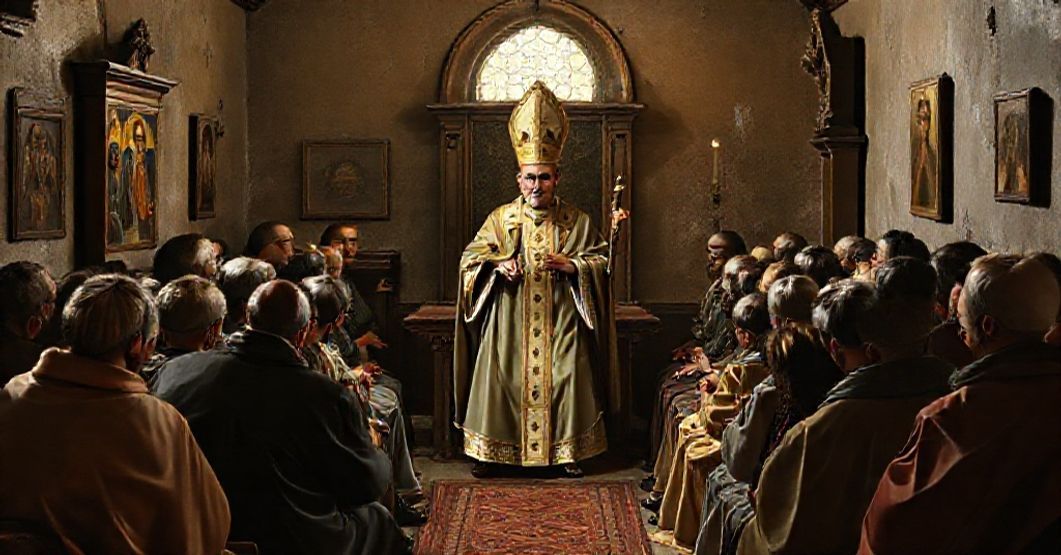 Antipope Leo XIV addressing Turkish Christians in a chapel, symbolizing the betrayal of Christ the King's social kingship and the Neo-Church's apostasy.