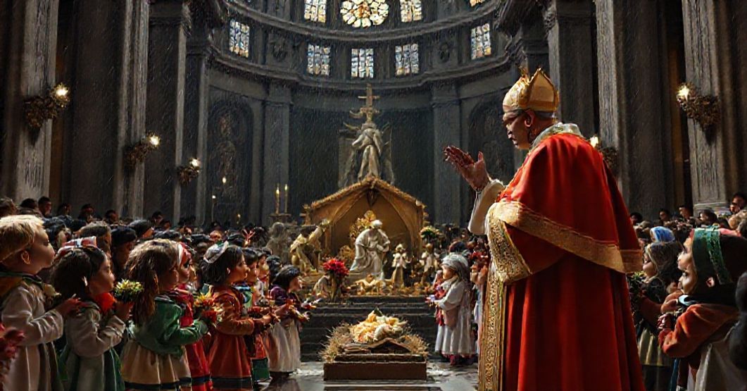 A solemn scene inside St. Peter's Basilica during Christmas 2025, where the usurper Leo XIV performs a pseudo-liturgical spectacle.