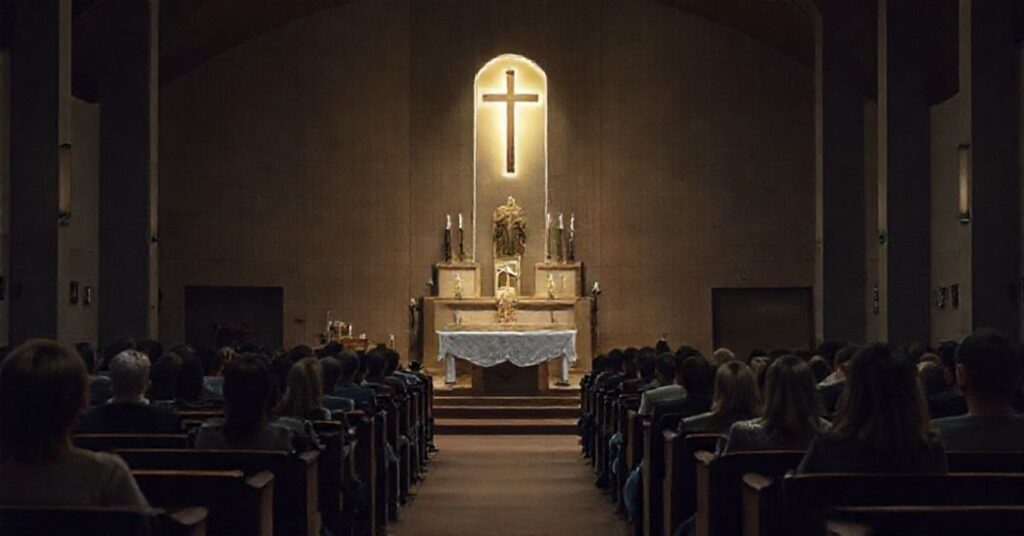A nearly empty neo-church chapel with young adults seated in pews during a modernist Novus Ordo Mass, reflecting spiritual emptiness and doctrinal detachment.